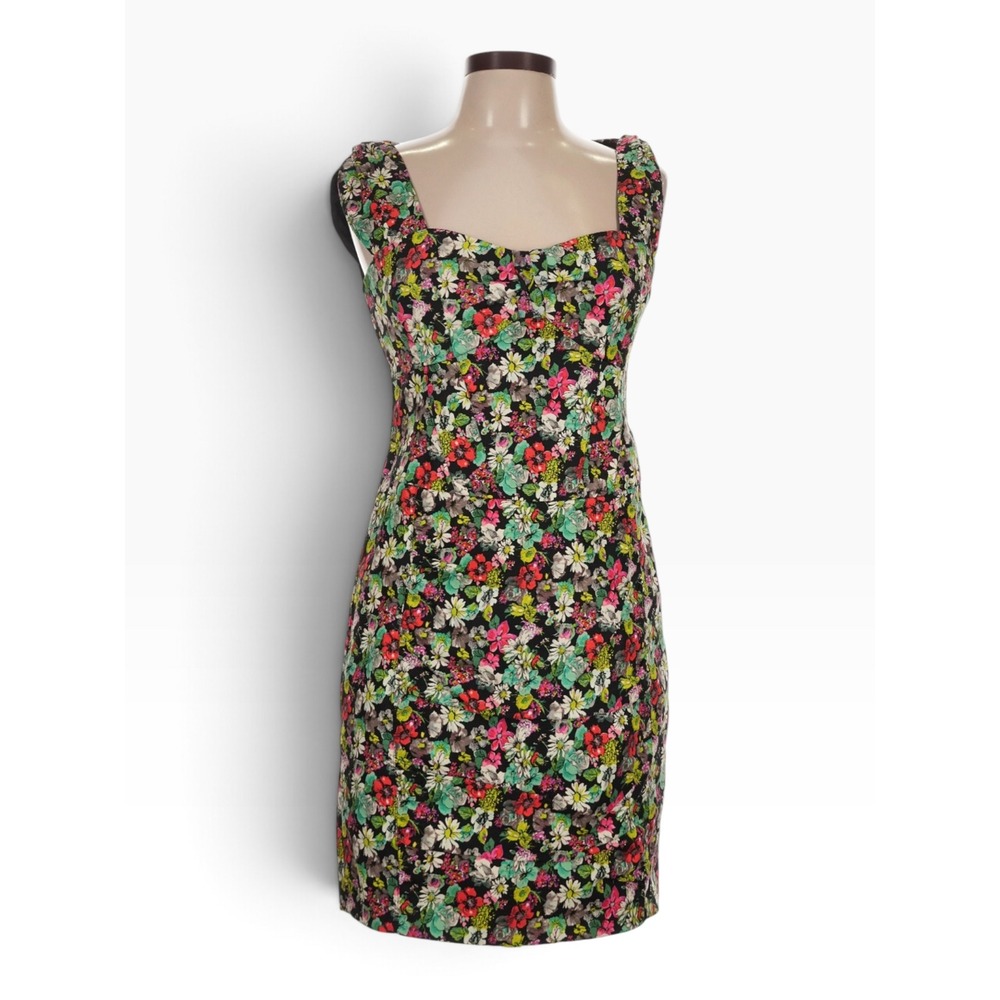 Nanette Lepore Women Floral Square Neck Cocktail Dress Size 10 Black Pink Green